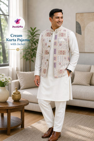 Elegant Men’s 3-Piece Kurta Pajama with Embroidered Sequins Jacket, Silk Ethnic Wear for Wedding & Festive, KPJ-2033