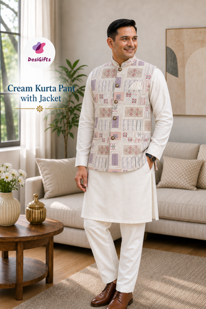 Elegant Men’s 3-Piece Kurta Pajama with Embroidered Sequins Jacket, Silk Ethnic Wear for Wedding & Festive, KPJ-2033