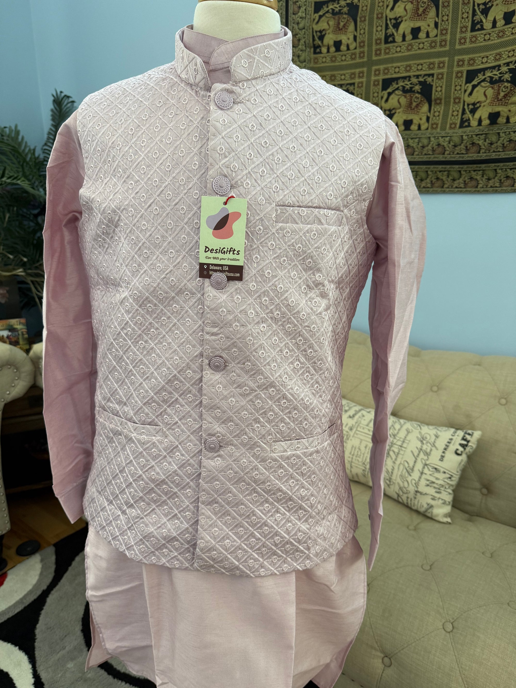 Light Purple Shade 3 Piece Kurta Pajama, Pant Style, with Embroidered Sequins Jacket Set-Silk Fabric, JKP- 1922