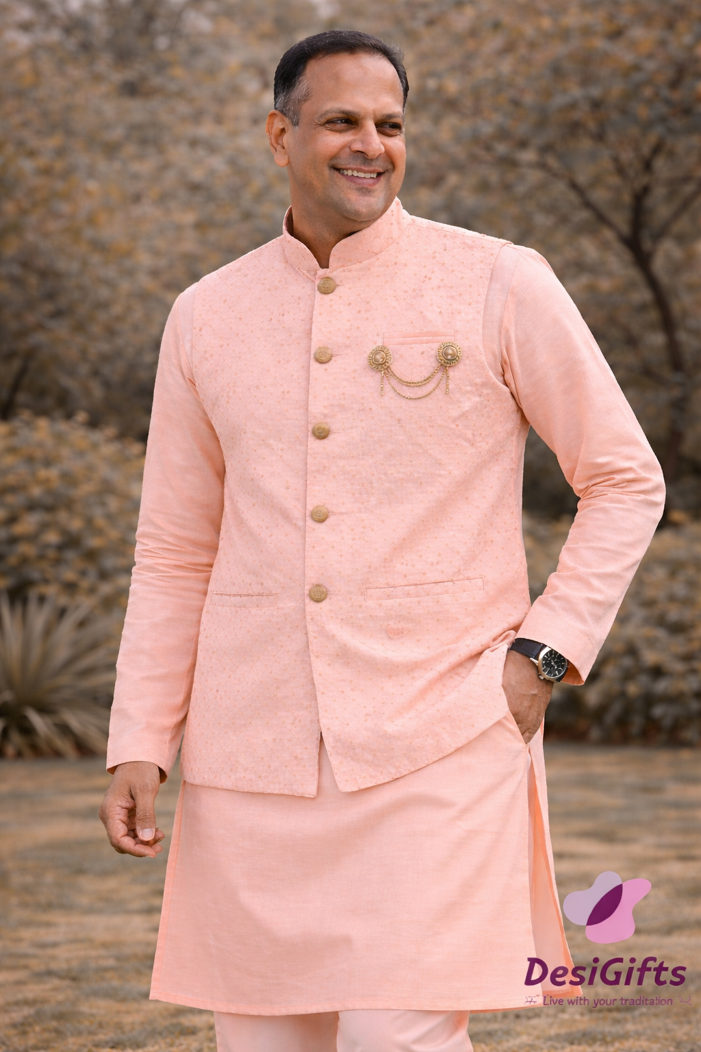 Peach Shade Kurta Pajama with Embroidered Jacket for Men, Indian Weddings, Festivals & Celebrations | Designer Kurta Pajama KPJ-2055