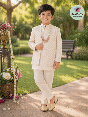 Boy's Cotton Silk 3 Piece Indo Western Outfit,  Embroidered  Sequins Long Jacket with  Pant and Necklace, Boy's Sherwani Dress - B-2073