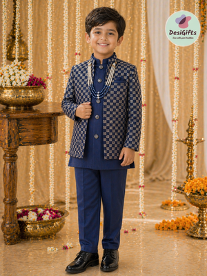 Boy's Blue Cotton Silk 3 Piece Indo Western Outfit,  Embroidered  Sequins Long Jacket with  Pant and Necklace, Boy's Sherwani Dress - B-2074