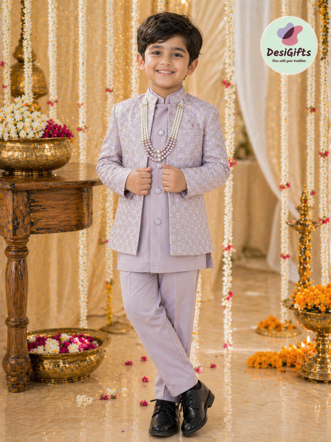 Boy's Lavender Shade Cotton Silk 3 Piece Indo Western Outfit,  Embroidered  Sequins Long Jacket with  Pant and Necklace, Boy's Sherwani Dress - B-2076