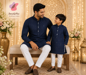 Men & Boys Navy Rayon Chikankari with Sequins Kurta Pajama Set | Matching Father Son Festive Outfit with Sequin Work, DM -2077