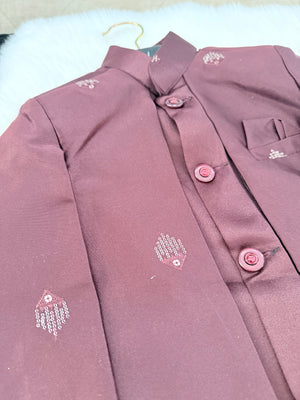 Boy's Cotton Silk 2 Piece Indo Western Dress,  Embroidered  Sequins Long Jacket with  Pant and Necklace, Boy's Dress - B-2013