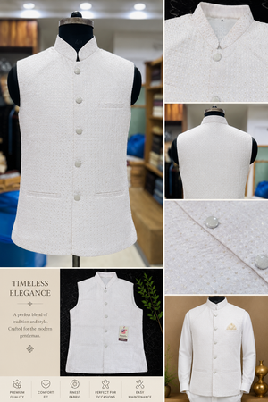 Men’s White Embroidered Jacket with Sequins – Premium Ethnic Waistcoat Sadri, J-2084