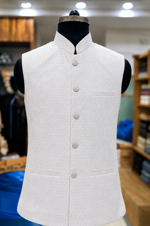 Men’s White Embroidered Jacket with Sequins – Premium Ethnic Waistcoat Sadri, J-2084