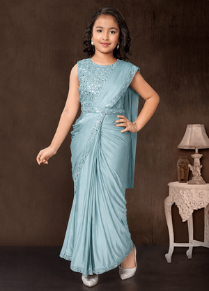 Girls Light Teal Blue Shade Saree Set with Sequins Blouse, Ready to Wear Indian Outfit, GRL-2089