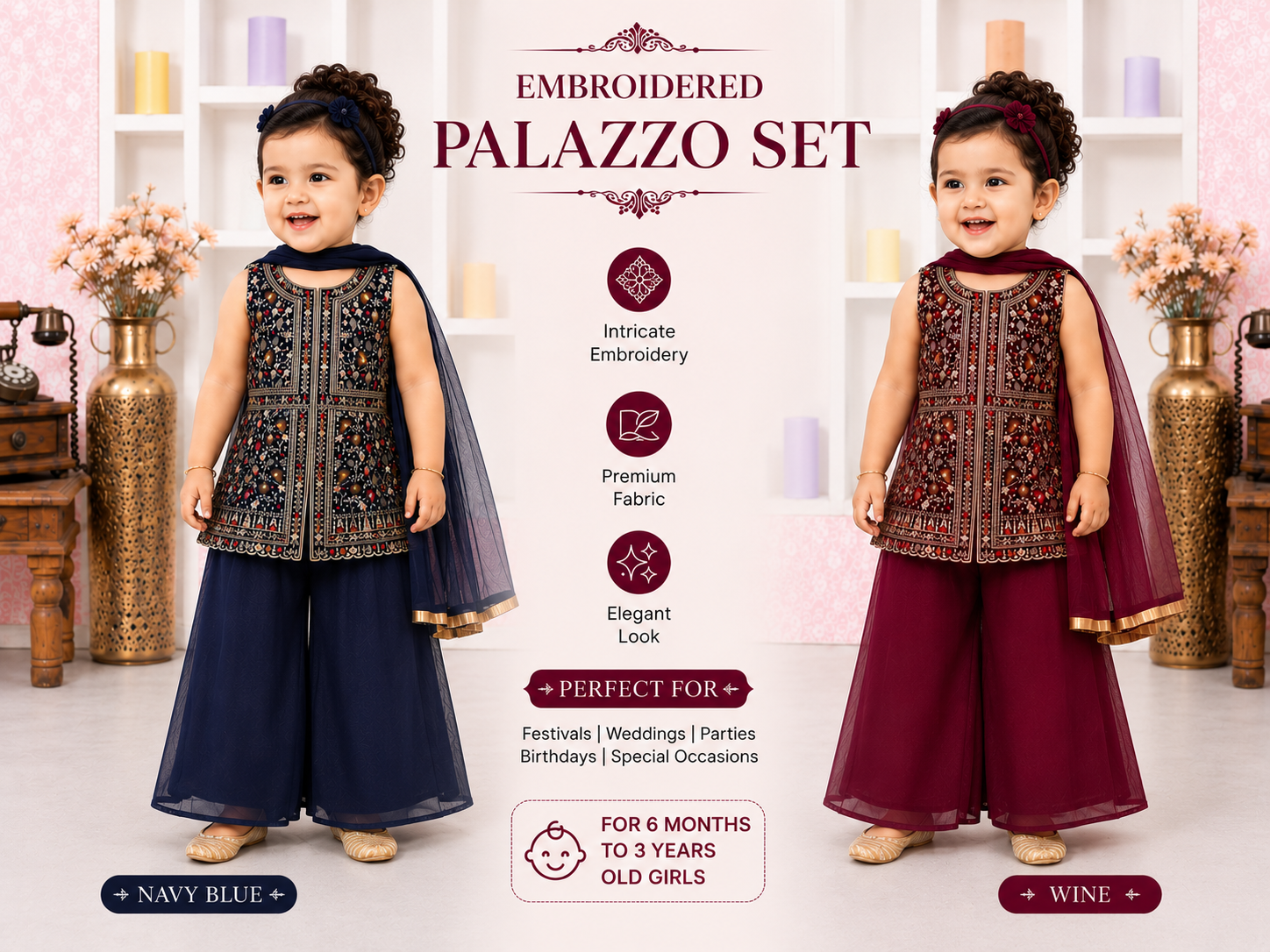 Baby Girls’ Designer Embroidered Palazzo Set in Navy Blue & Wine, Festive Indian Ethnic Palazzo Outfit with Dupatta, Partywear Dress for Kids, GRL-2090