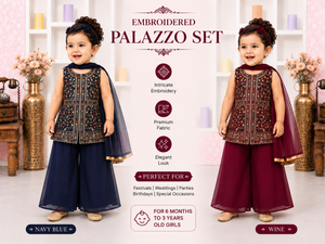 Baby Girls’ Designer Embroidered Palazzo Set in Navy Blue & Wine, Festive Indian Ethnic Palazzo Outfit with Dupatta, Partywear Dress for Kids, GRL-2090