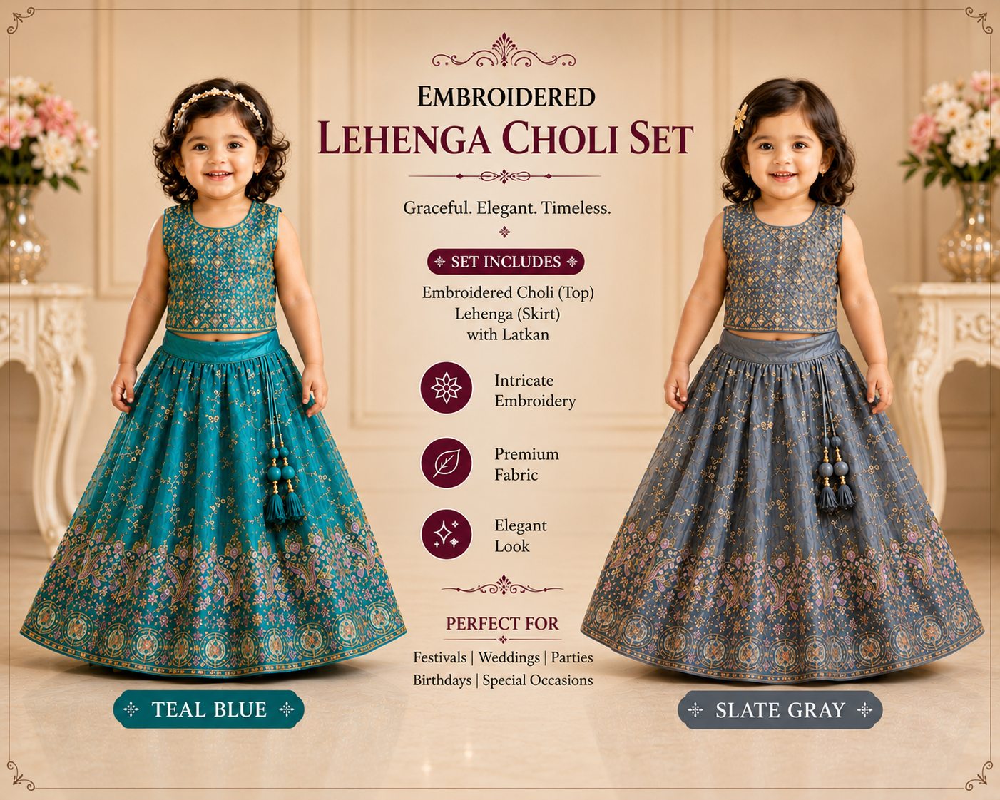Baby Girls’ Embroidered Lehenga Choli Set in Teal Blue & Slate Gray, Festive Indian Ethnic Outfit Lehenga Dress, GRL-2091