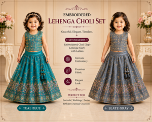 Baby Girls’ Embroidered Lehenga Choli Set in Teal Blue & Slate Gray, Festive Indian Ethnic Outfit Lehenga Dress, GRL-2091