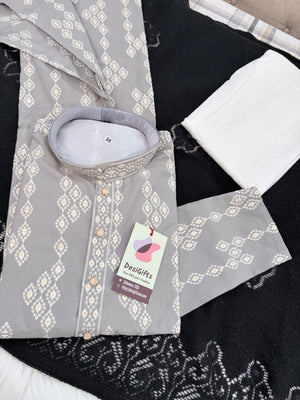 Men’s Ash Gray Embroidered Kurta Pajama Set with Sequins Work, Indian Ethnic Wear for Wedding & Festival, KPS-3010