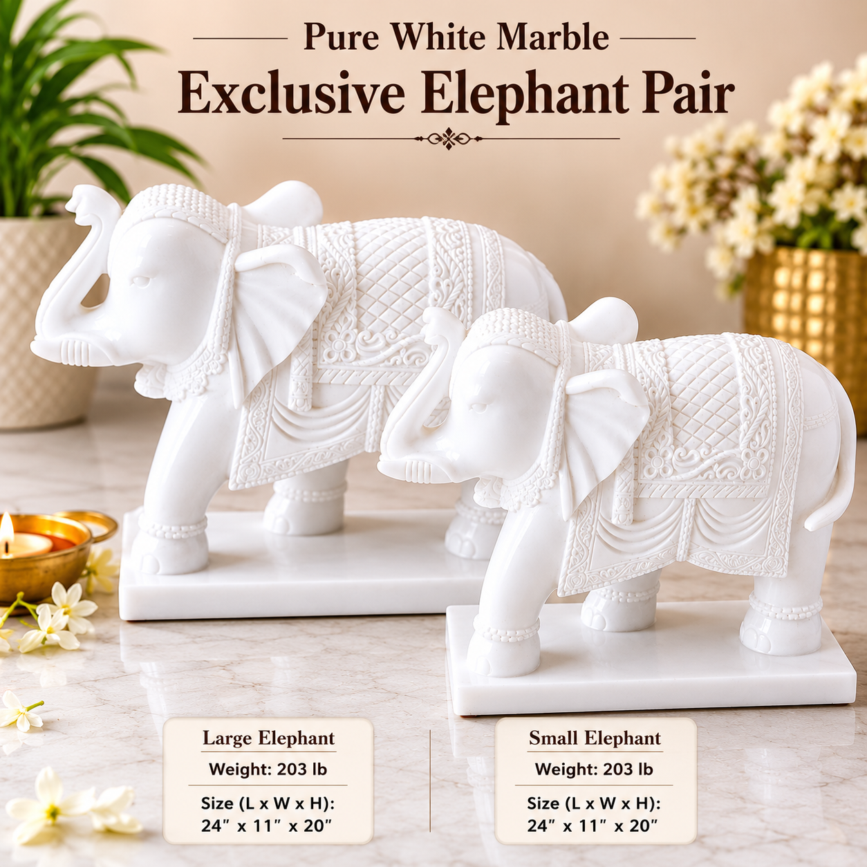 Pure White Marble Exclusive Elephant Statues, Set of 2,  ELM# 215