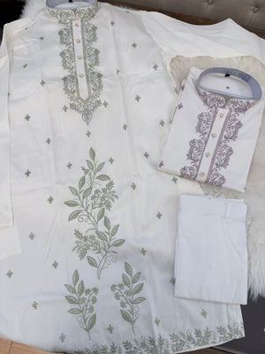 Size 42 (L), Men's Off-White Embroidered Kurta Pajama Set – Sage Green & Dusty Lavender | Indian Wedding & Festive Wear| KP-4067