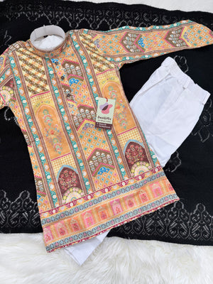 Multishade Boys’ Rayon Kurta Pajama Set with Sequins Work, Designer Printed Ethnic Outfit for Kids, Festive Wear – BOY-2088
