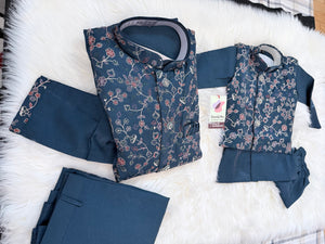 3 Piece Dusty Navy Blue Kurta Pajama with Embroidery Jacket Set, Silk Blend Fabric with a Slight Sheen., Father & Son's Outfit, DM - 3022