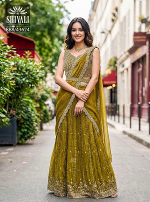 Embroidered Lehenga Saree Style Set with Blouse & Dupatta – Teal Blue / Olive Green Wedding & Festive Indian Ethnic Wear, Design LHG - 4007