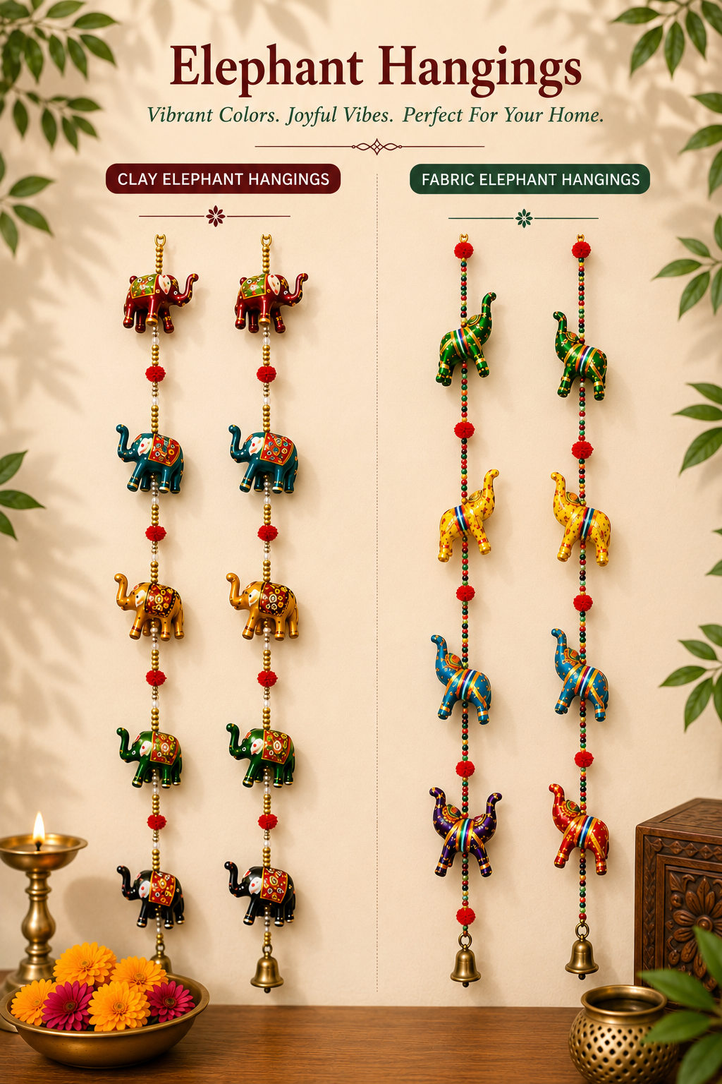 Colorful Clay and Fabric Elephant Hanging for Home Decor, Traditional Indian Wall Hanging with Bells WH- 222