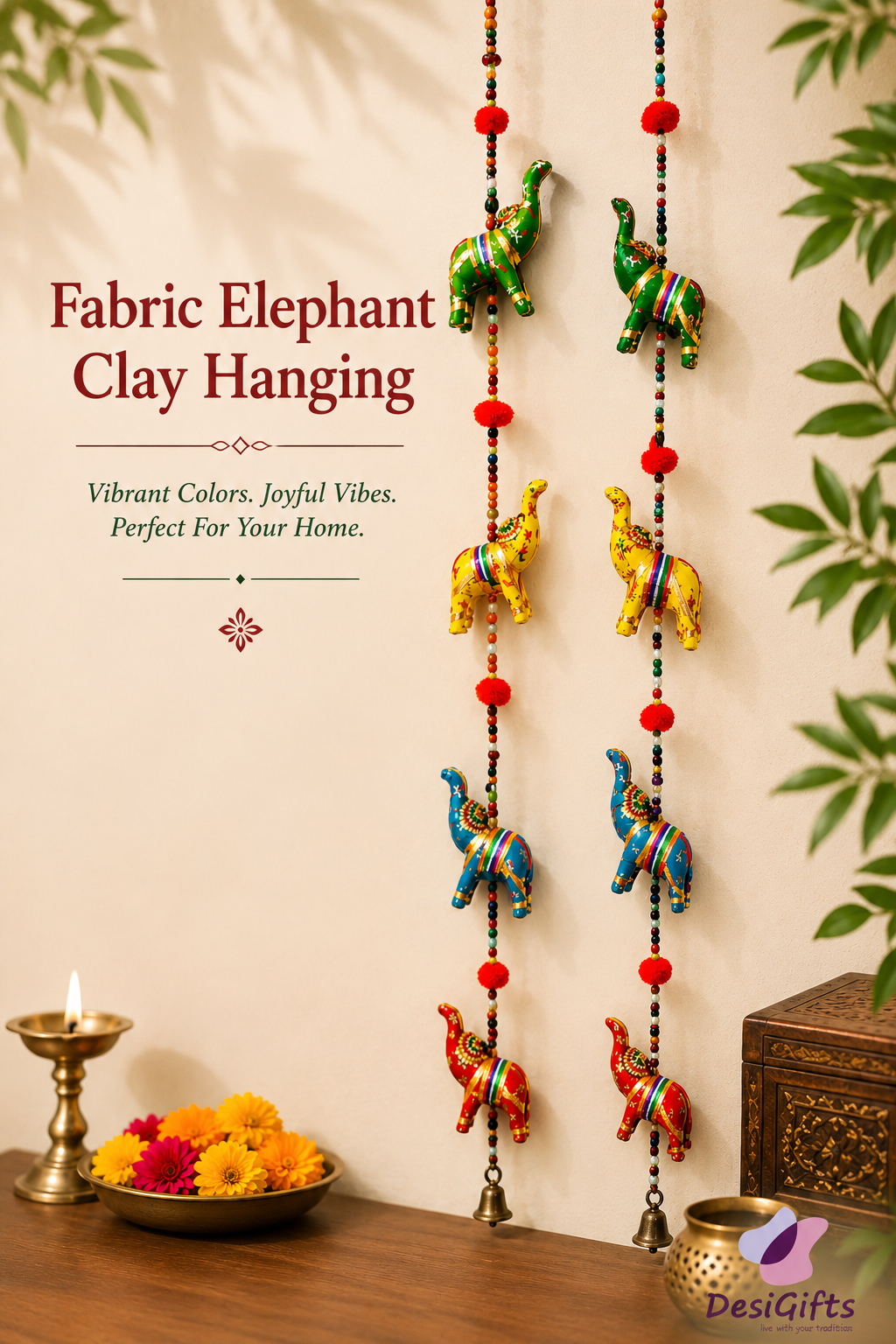 Colorful Clay and Fabric Elephant Hanging for Home Decor, Traditional Indian Wall Hanging with Bells WH- 222