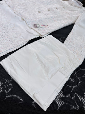 Elegant Men’s 3-Piece Kurta Pajama with Embroidered Sequins Jacket, Ivory Cream Satin Silk Blend Ethnic Wear for Wedding & Festive, KPJ-3062