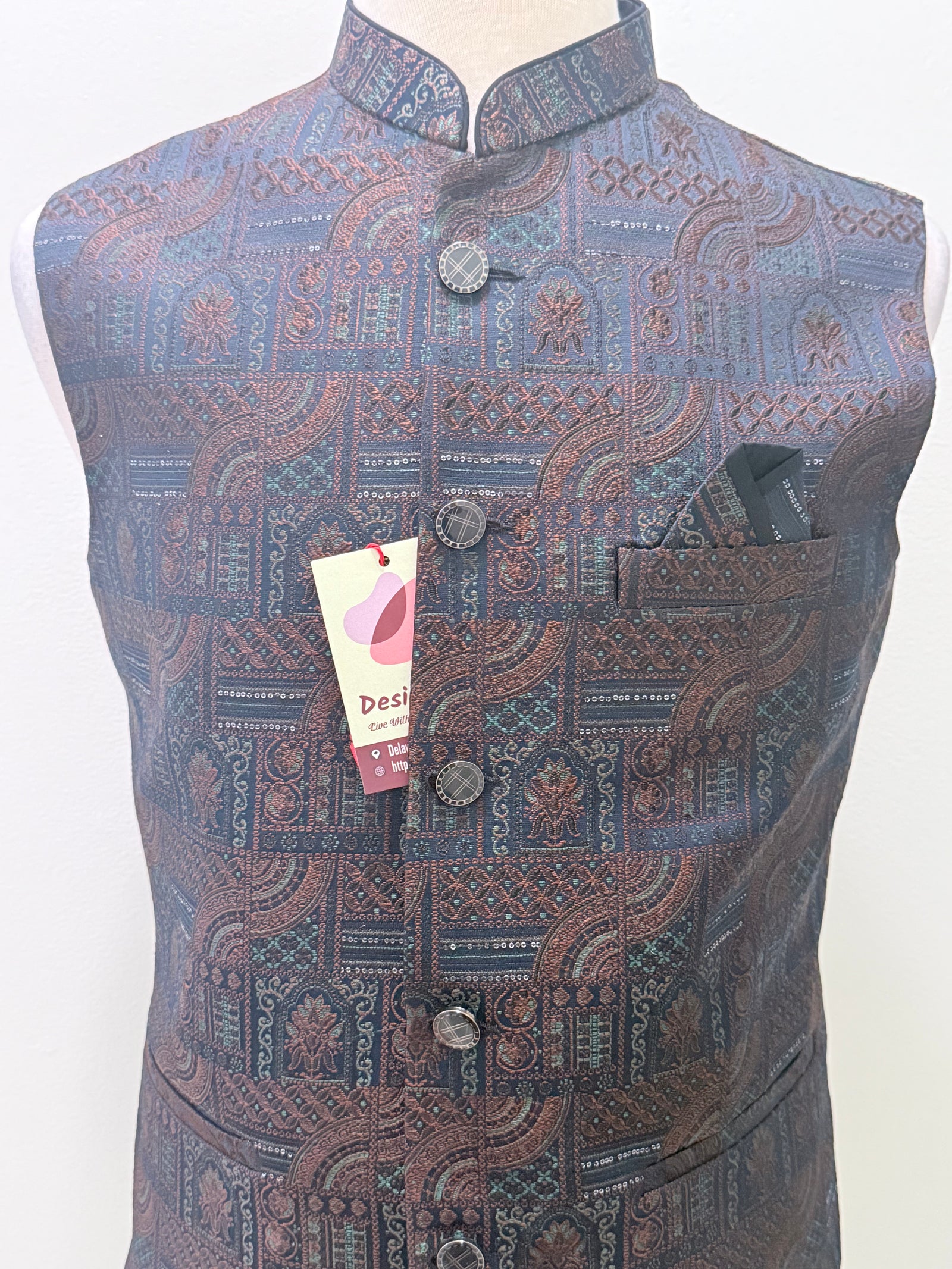 Men’s Navy Blue Brocade Nehru Jacket – Multicolor Woven Design Indian Wedding Waistcoat, Festive Modi Jacket, J-3090