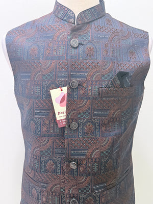 Men’s Navy Blue Brocade Nehru Jacket – Multicolor Woven Design Indian Wedding Waistcoat, Festive Modi Jacket, J-3090