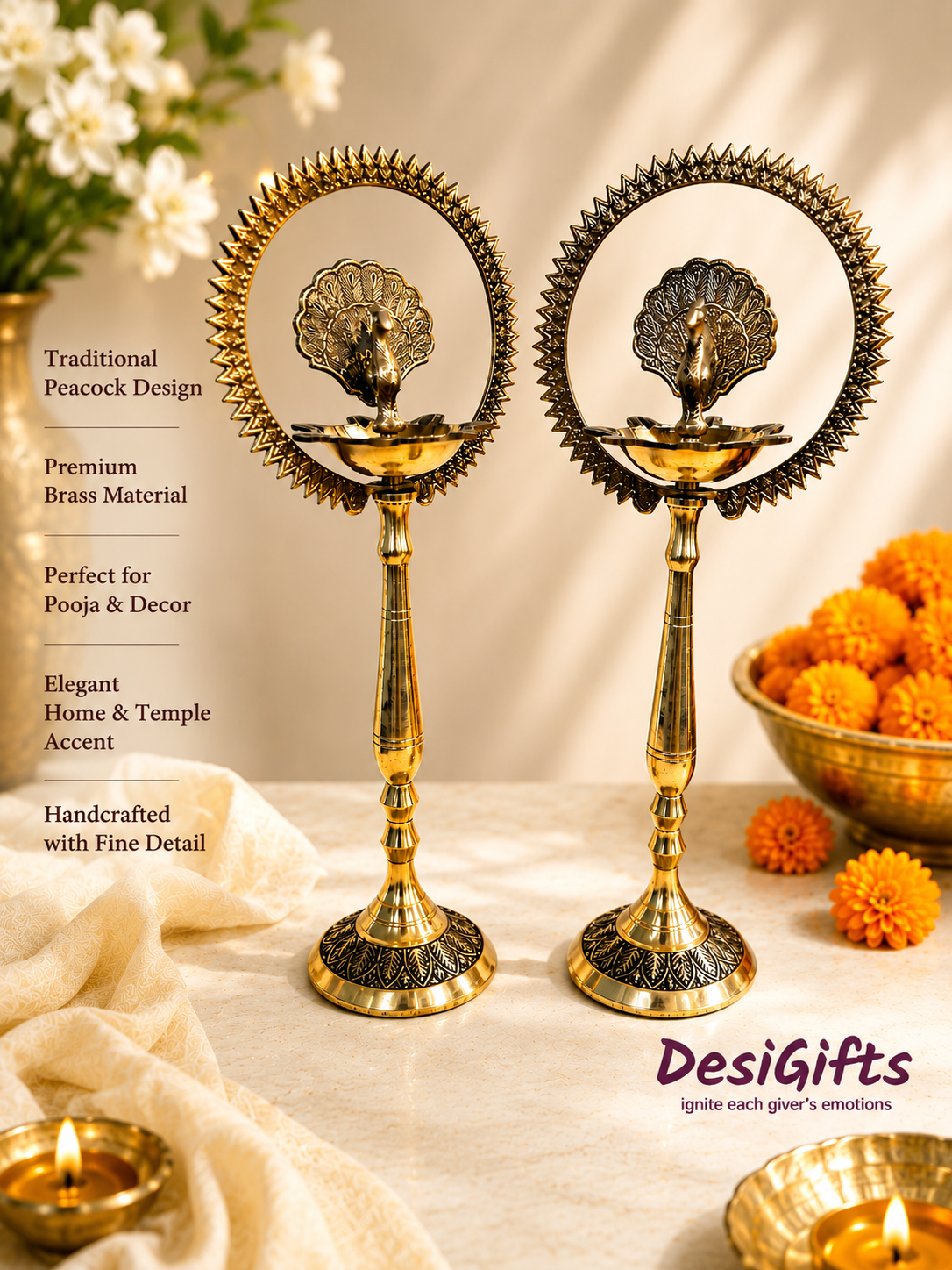 Handmade Brass Peacock Deepam Stand – Elegant Pooja Lamp for Prayer Room, Wedding & Housewarming, OLB - 225