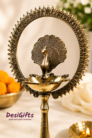 Handmade Brass Peacock Deepam Stand – Elegant Pooja Lamp for Prayer Room, Wedding & Housewarming, OLB - 225