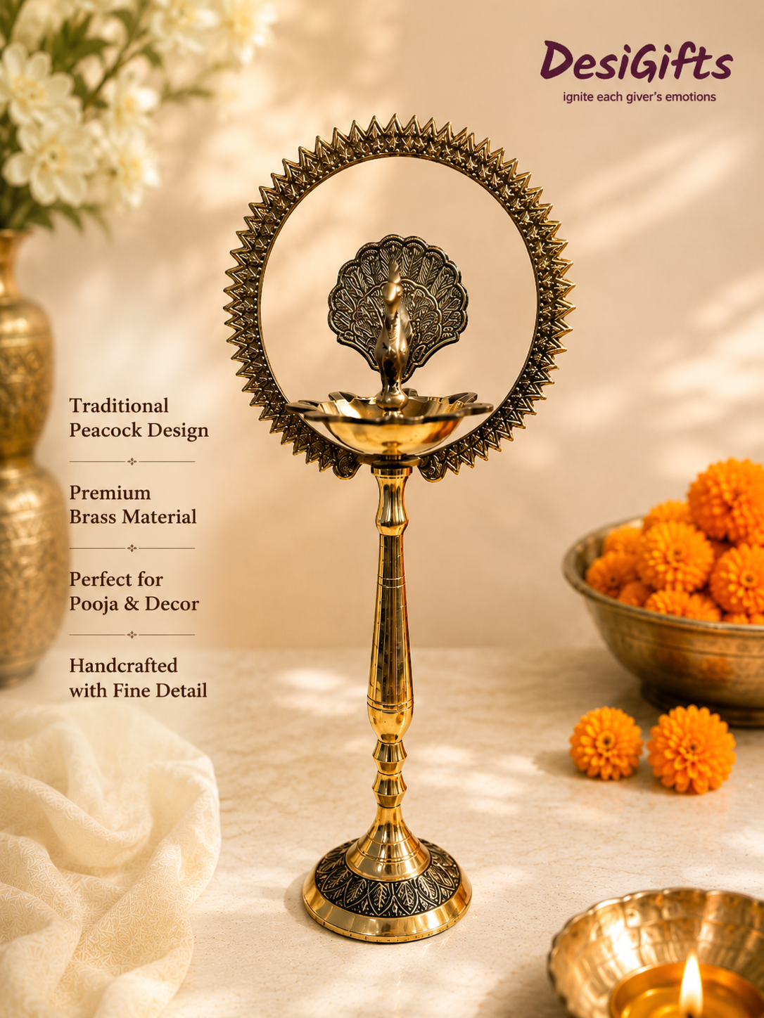 Handmade Brass Peacock Deepam Stand – Elegant Pooja Lamp for Prayer Room, Wedding & Housewarming, OLB - 225