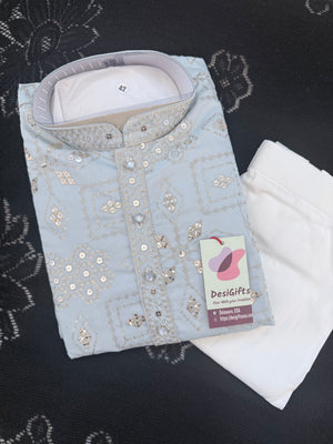 Men’s Ice Blue Embroidered Kurta Pajama Set | Silver Zari-Style, Sequin Work | Indian Wedding Wear, KP-4026
