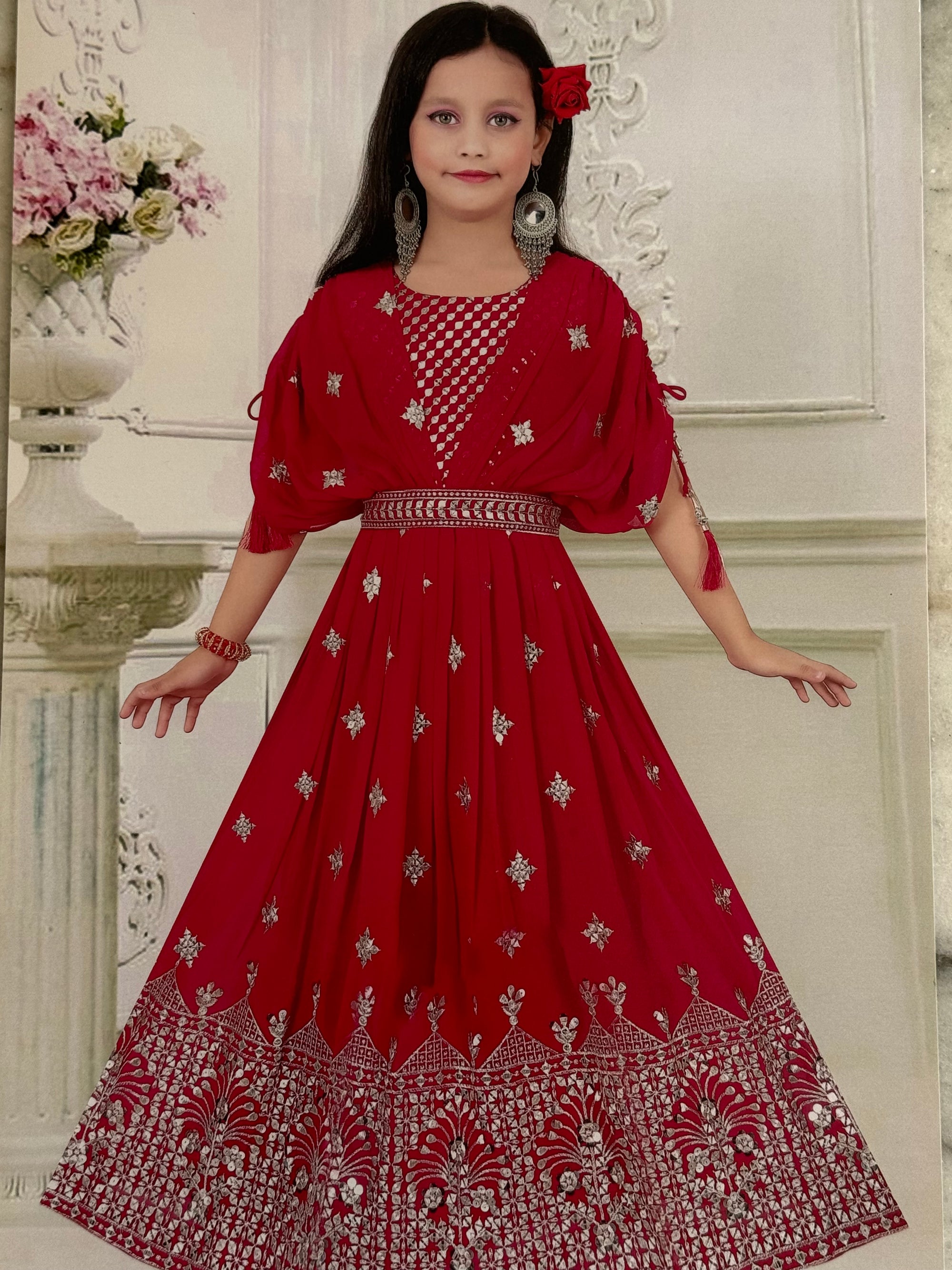 Apple Red Captivating Dress with Intricate Embroidery and Gota Work, Design GRL - 1574