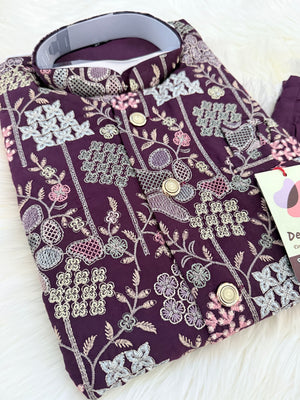 Stylish Men’s 3-Piece Plum Purple Shade Kurta Pajama with Embroidered Sequins Jacket, Silk Ethnic Wear for Wedding & Festive, KPJ-4052
