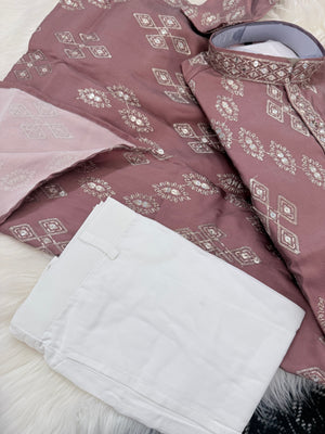 Father & Son Matching Dusty Rose Kurta Pajama Set | Silver Zari-Style Embroidery, Sequin Work | Festive Wear, DM -4039