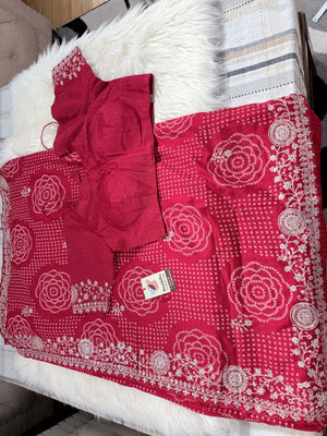 Women’s Deep Rani Pink Bandhani Style Saree with Silver Embroidery & Stitched Blouse, Festive Wedding Indian Saree, S- 3096