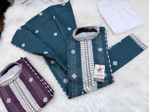 Men’s Mirror Work Embroidered Kurta Pajama Set | Teal Green or Deep Purple Embroidered Indian Wedding Kurta with White Pants, KP - 3063-64