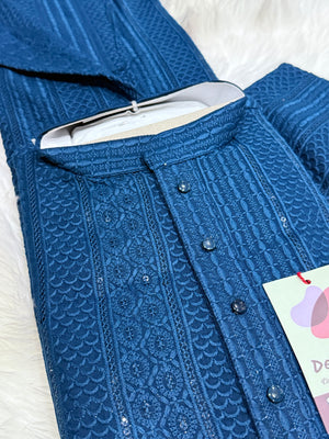 Exquisite Chikankari Sequins 2 Piece Kurta Pajama Set for Man, Teal Blue Shade, Embroidered Party Man's Wear, KP - 1941
