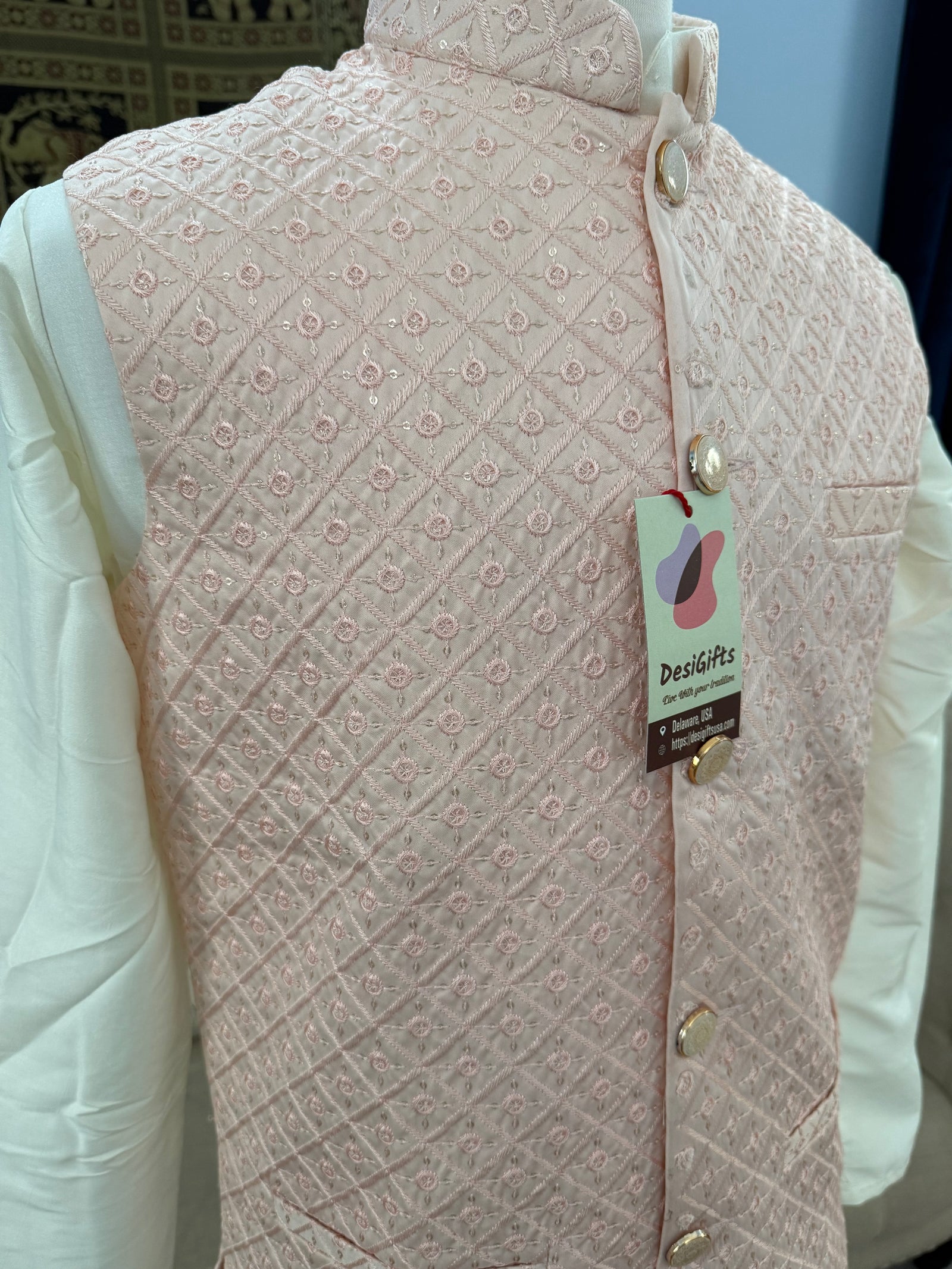 3 Piece Cream Kurta Pajama, Pant Style, with Peach Shade Embroidered Sequins Jacket Set-Silk Fabric, JKP- 1925