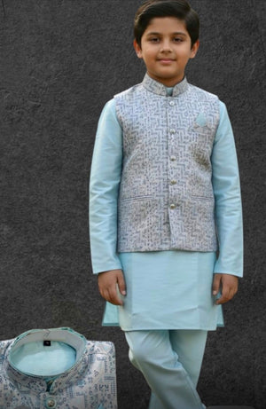 Skyblue Shade 3 Piece Boy's Cotton  Silk Ethnic Kurta with Jacket, and Pajama- Design B-2010
