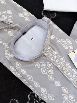 Men’s Ash Gray Embroidered Kurta Pajama Set with Sequins Work, Indian Ethnic Wear for Wedding & Festival, KPS-3010