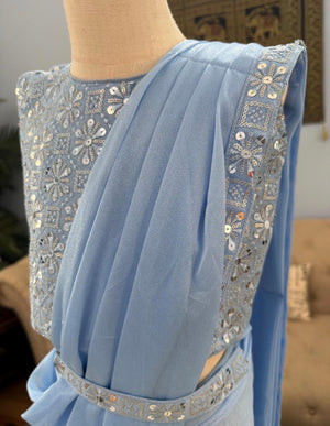 Readymade Saree  in Pastel Blue Shade for Girls with sequins Blouse, Indian Ethnic Outfit, GRL -1898