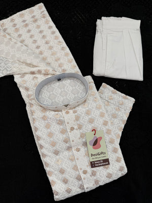 Cream Shade Men's Kurta Pajama set with Embroidery and Sequins. Two-piece Indian traditional outfit., KP - 2027