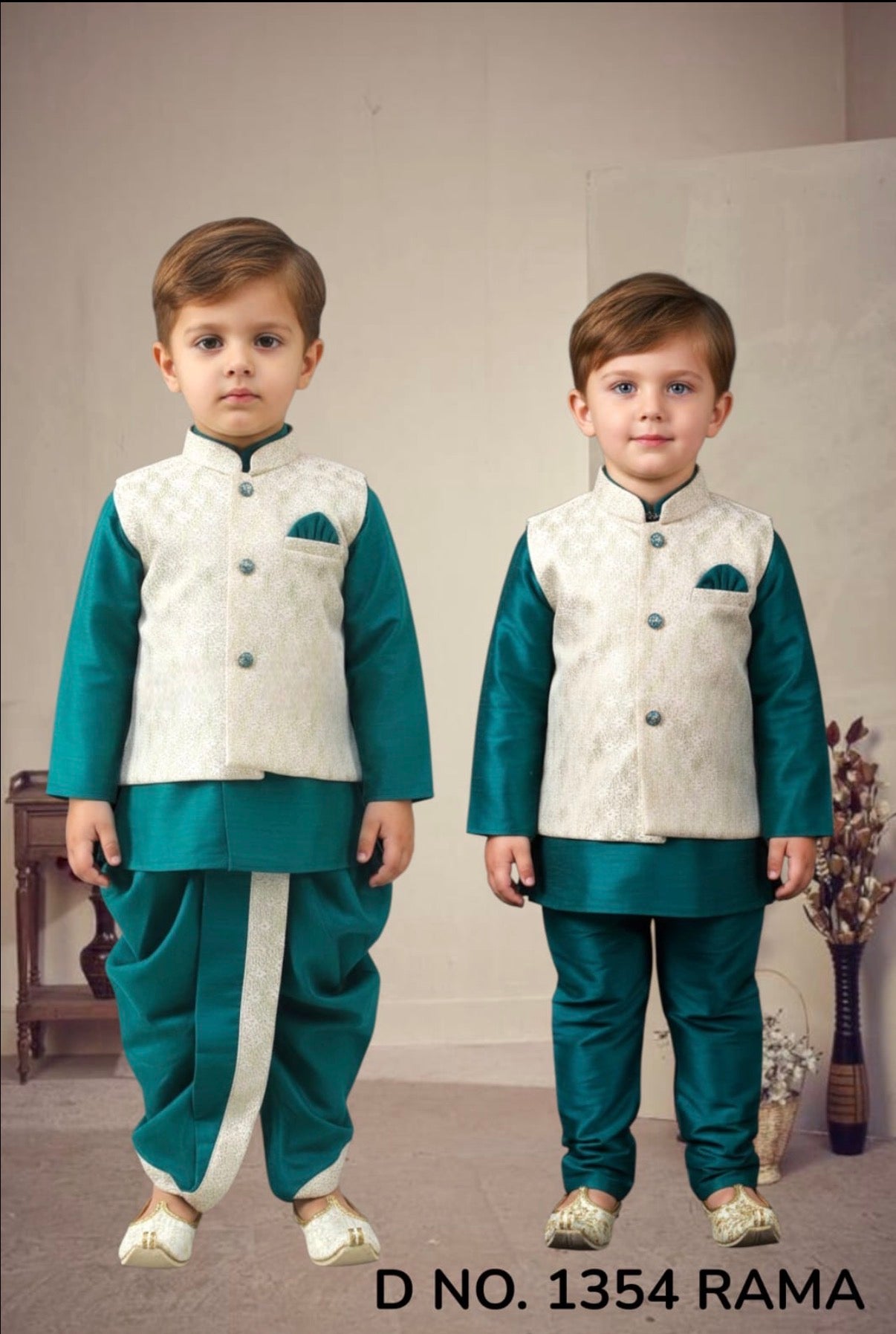Kids Teal Green Kurta Dhoti and Pajama Set with Cream Sparkle Jacket, Boys Ethnic Wear, Festive Wedding Outfit B-2020