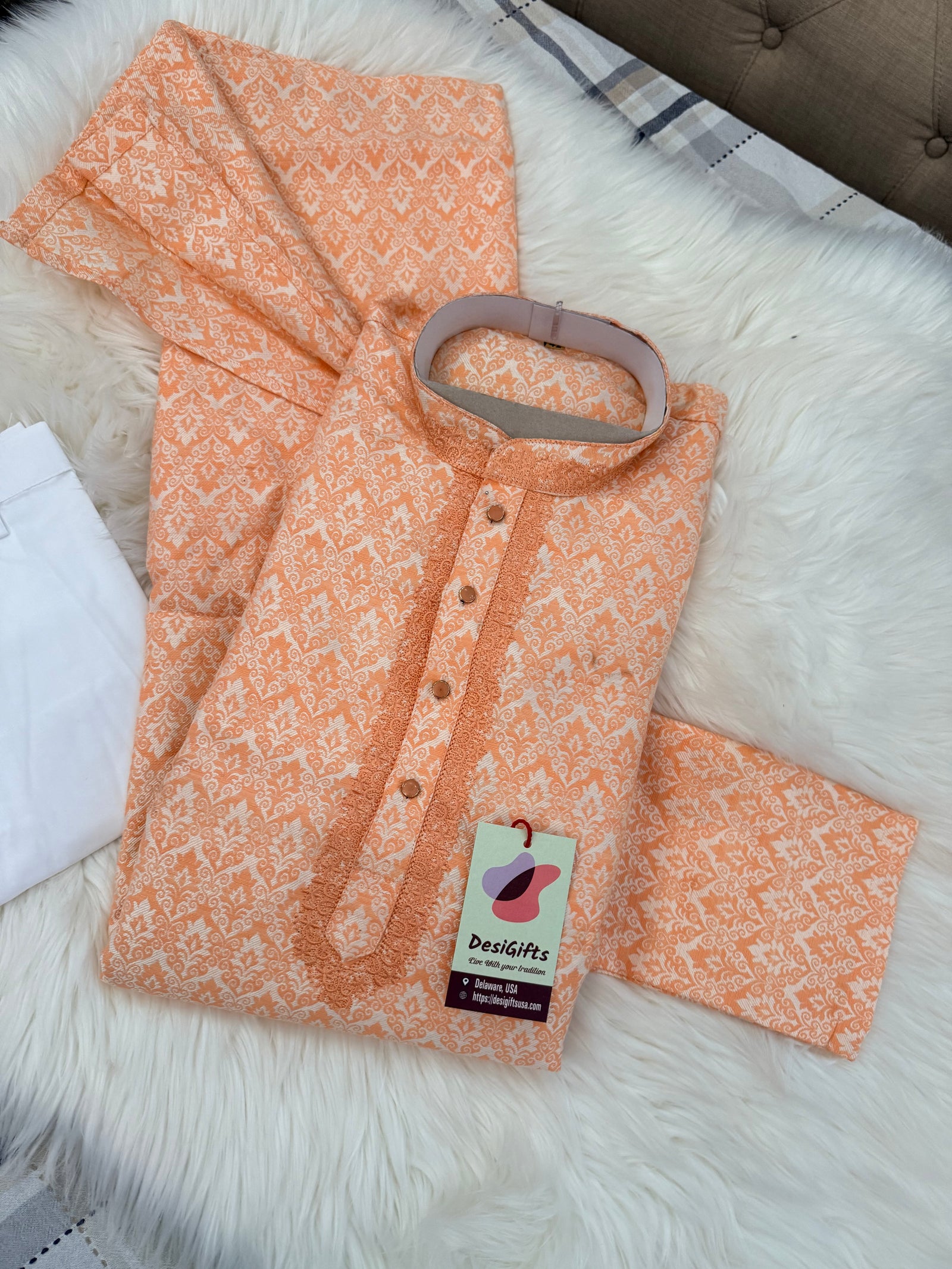 Men's Soft Peach Kurta Pajama Set | Jacquard silk Kurta Set with Trouser Pant | Traditional Indian Wedding, Diwali & Festive Wear, KP-4087
