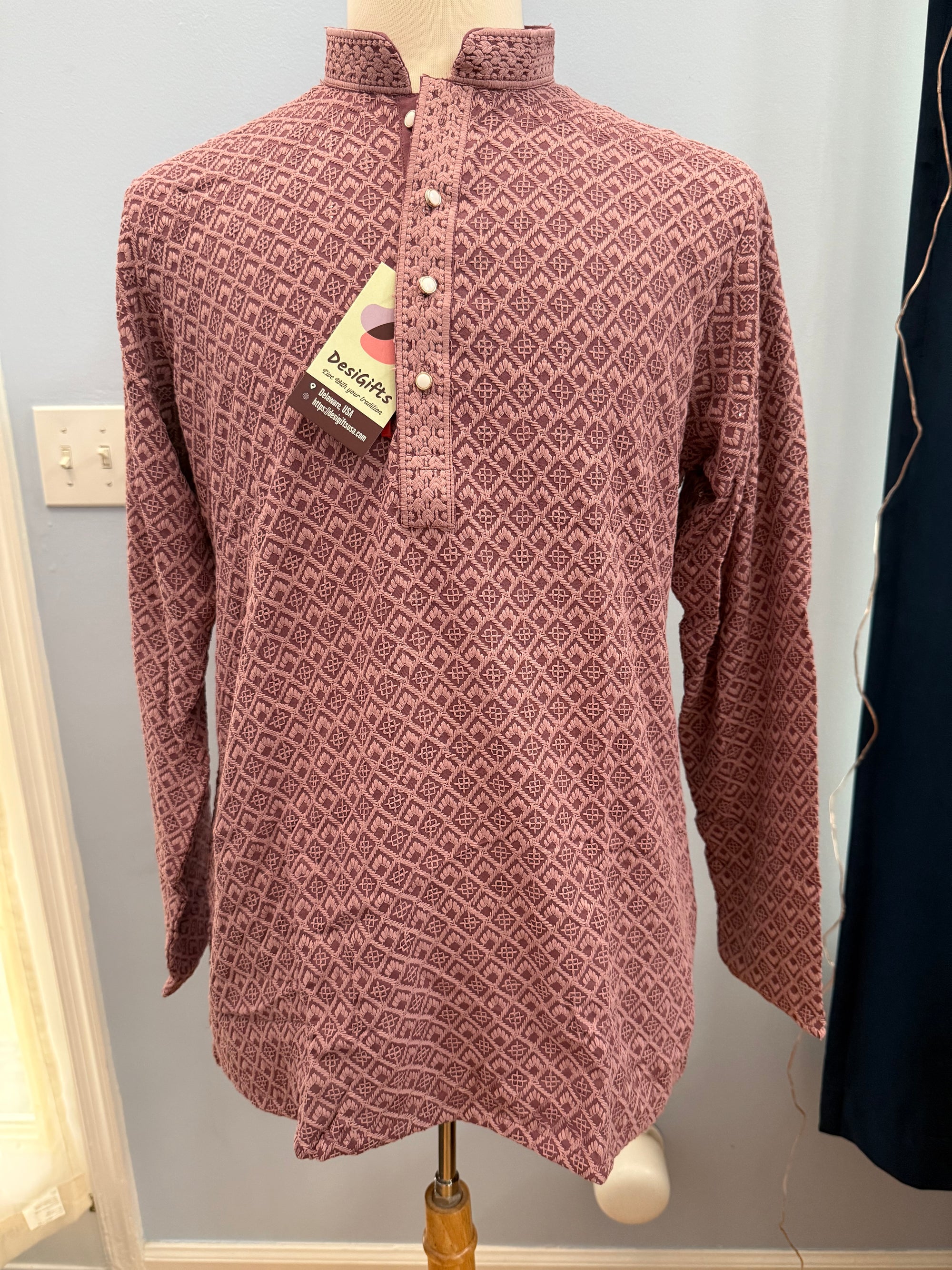 Onion Shade Chikankari Shirt-Style Short Kurta with Sequins – Ethnic Casual Kurta, SK - 1935