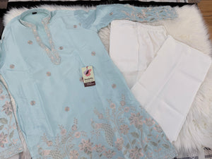 Men’s SkyBlue Shorter Kurta with Parallel Pants | Floral Embroidery Kurta Pajama Set | Indo-Western Wedding & Festive Kurta Set, KP - 4065
