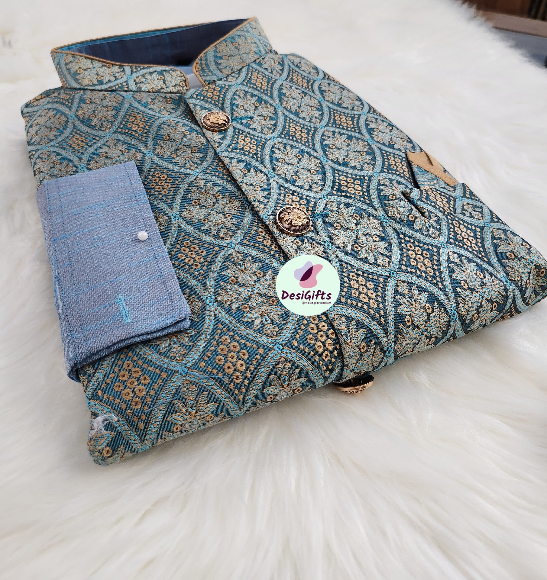 Size 36 Luxurious Sapphire Blue 3 Piece Kurta Pajama, Pant Style, with Stylish Jacket Set-Silk Design TPKP- 317