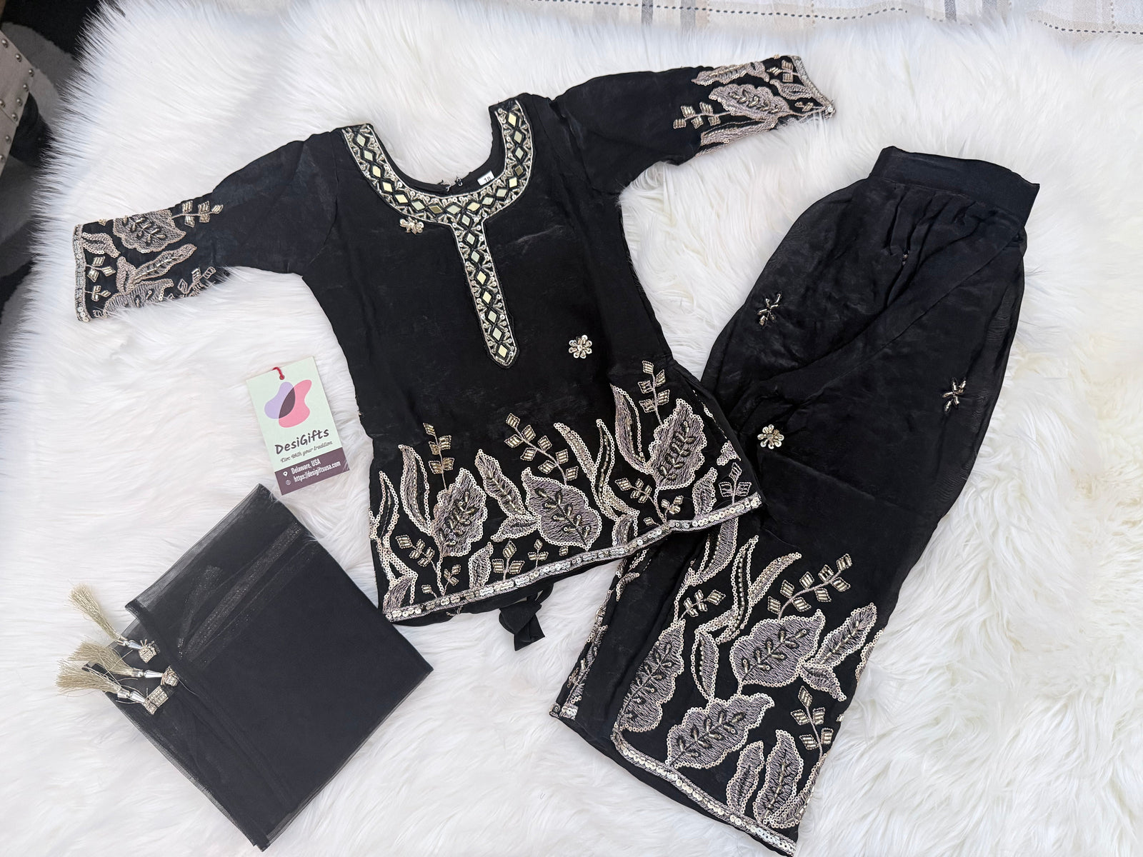Girls’ Black with Gold Embroidery Kurta Palazzo Set with Sequins Work – Festive Ethnic Wear, GRL-2094