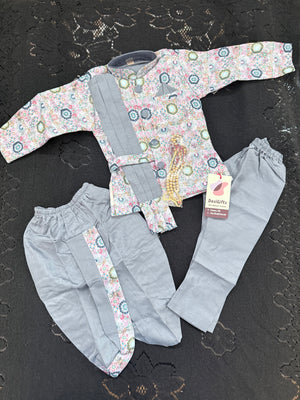 Boys 3 Piece Gray Silk Blend Indian Dress Set with Jacket, Dhoti & Pajama – Ethnic Wedding and Festive Outfit B-2019