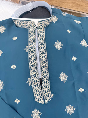 Men’s Teal Blue Shade Embroidered Kurta Pajama Set | Open Neck Kurta with Ivory Trouser Pants | Indian Wedding & Festive Wear, KP-4069